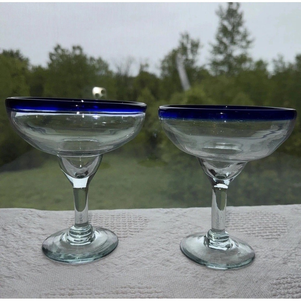 Mexican Hand Blown Margarita‎ Glass Set of 2 Clear w/ Cobalt Rim 6" Tall Barware